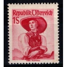 Folkedragter - Østrig - Enkeltmærke - Højeste AFA værdi i serien - 1 schilling karmin - Postfrisk.